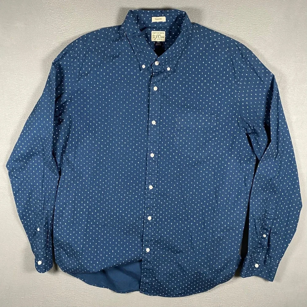 J.Crew Mens Secret Wash Stretch Classic‎ Fit Shirt Navy Blue Geometric H4721 XL